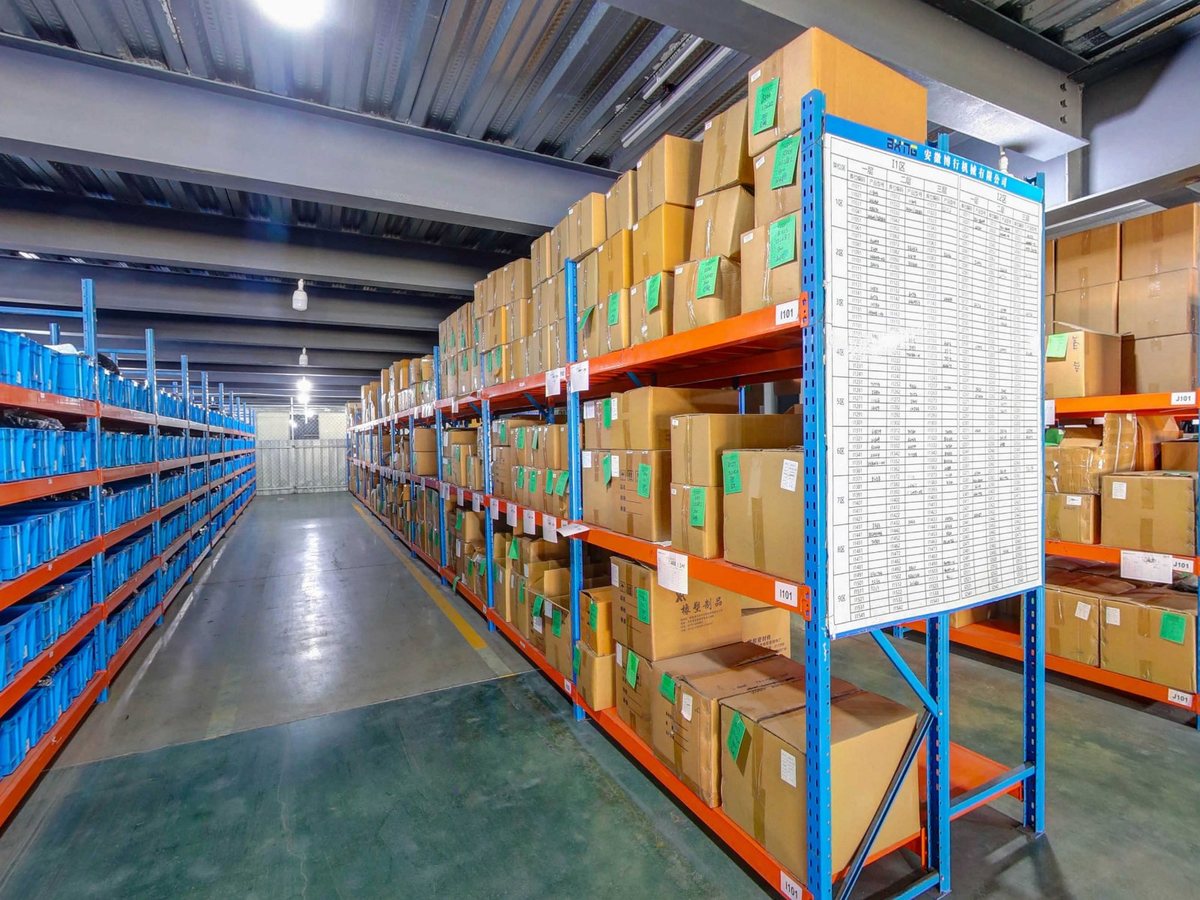 Finished goods warehouse with cartoned stock on racking